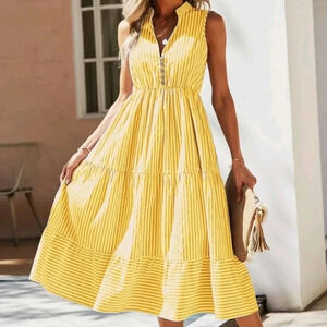 Yellow Boho Womens Striped Print Notched Neck-Aline Dress